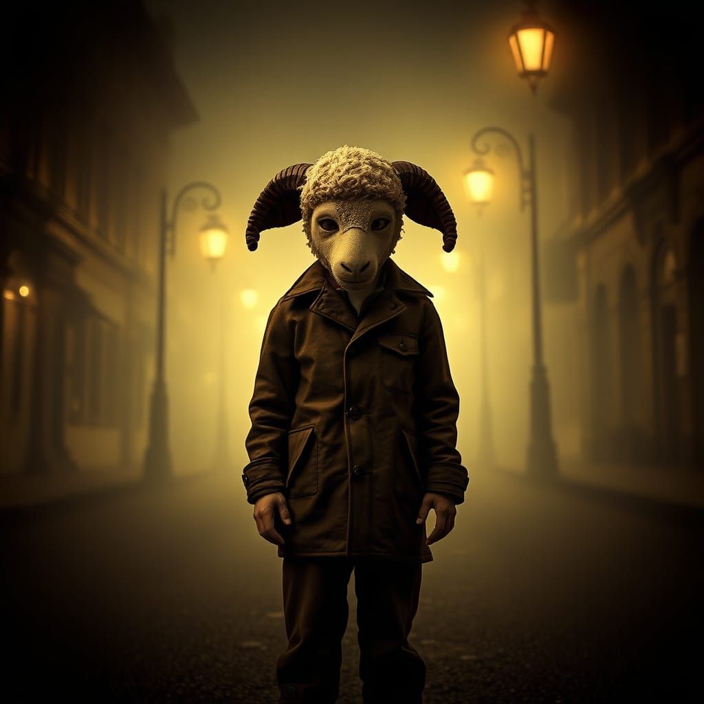 Boy in Sheep Mask on Foggy Street: Sepia Photo