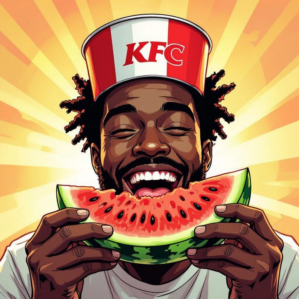 Joyful Black Man Eating Watermelon with KFC Bucket Hat