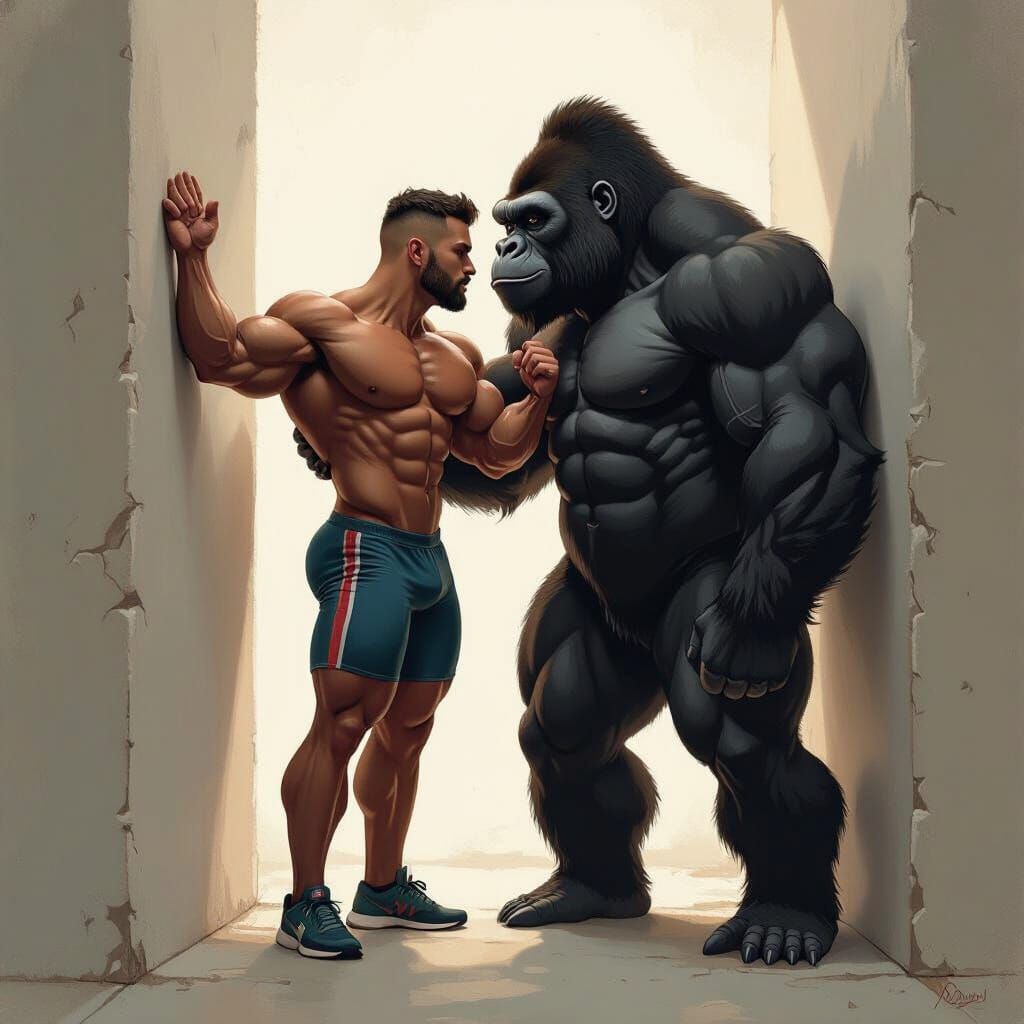 Bodybuilder and Gorilla in Dramatic Embrace