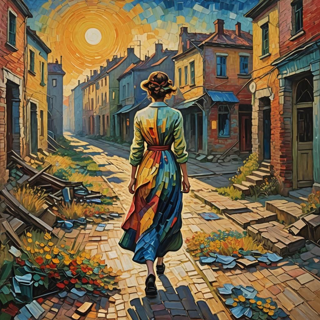 Woman in Abandoned City: Impasto Neo-Impressionist Painting