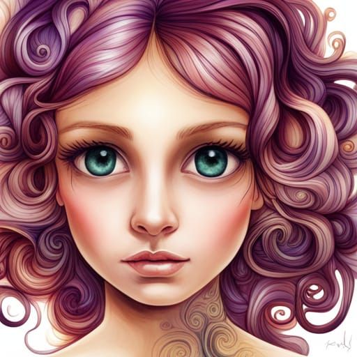 Happy Pixie Girl Portrait in Fractal Watercolor Style