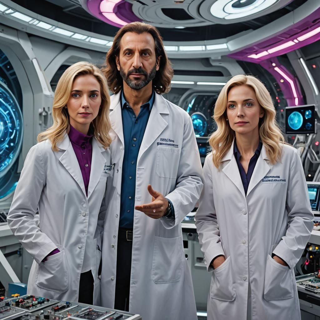 Hyperrealistic Splash Art: Scientists and Extraterrestrials