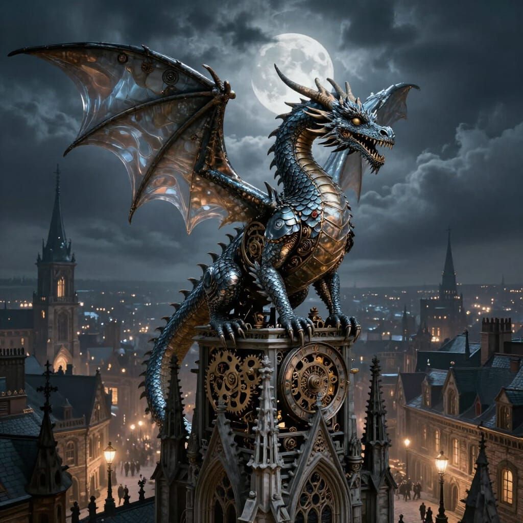 Clockwork Dragon on Gothic Spire Under Stormy Moonlit Sky