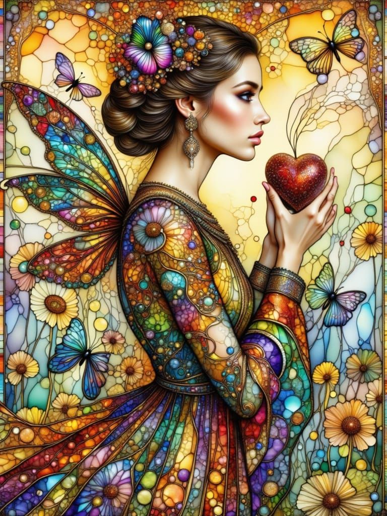 Durer Style Woman with Dragonfly Dress and Fairy Wings