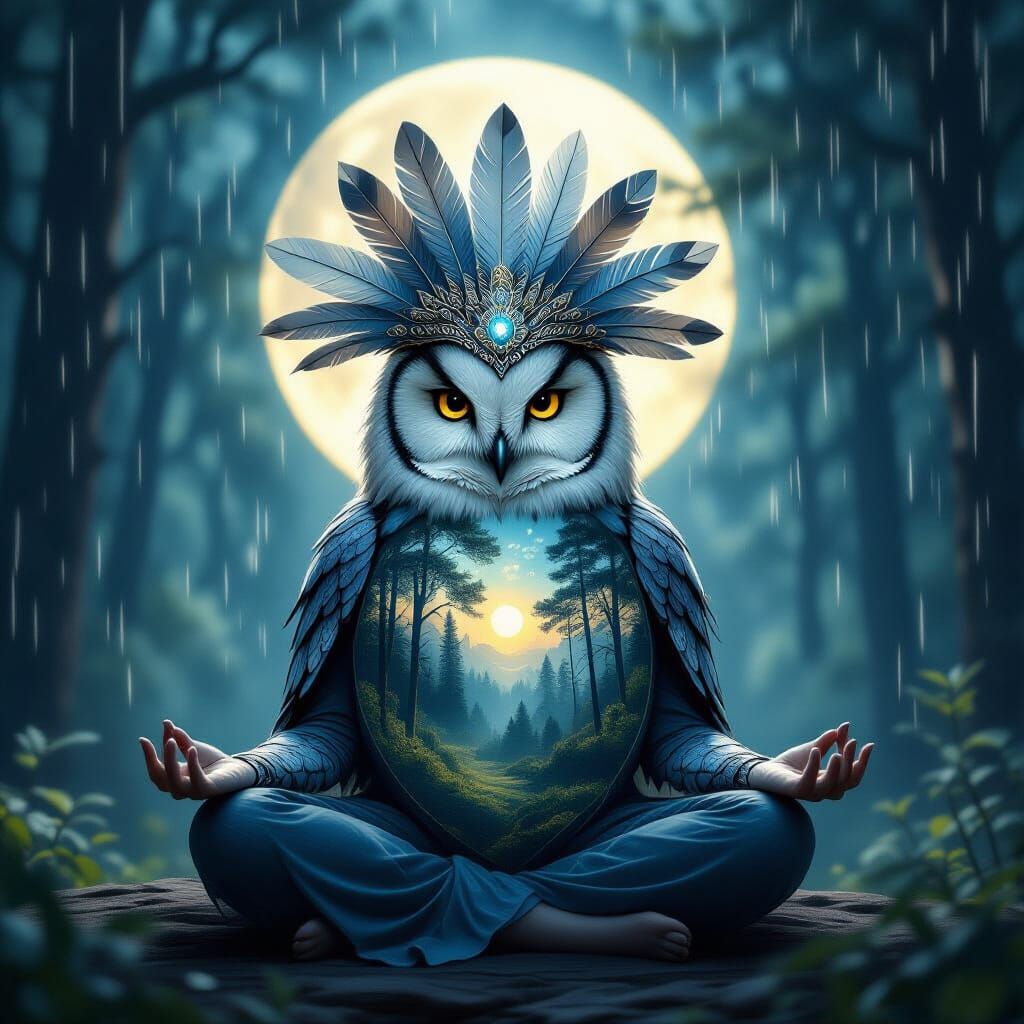 Mystical Owl Sage in Moonlit Forest, Ethereal Dreamscape