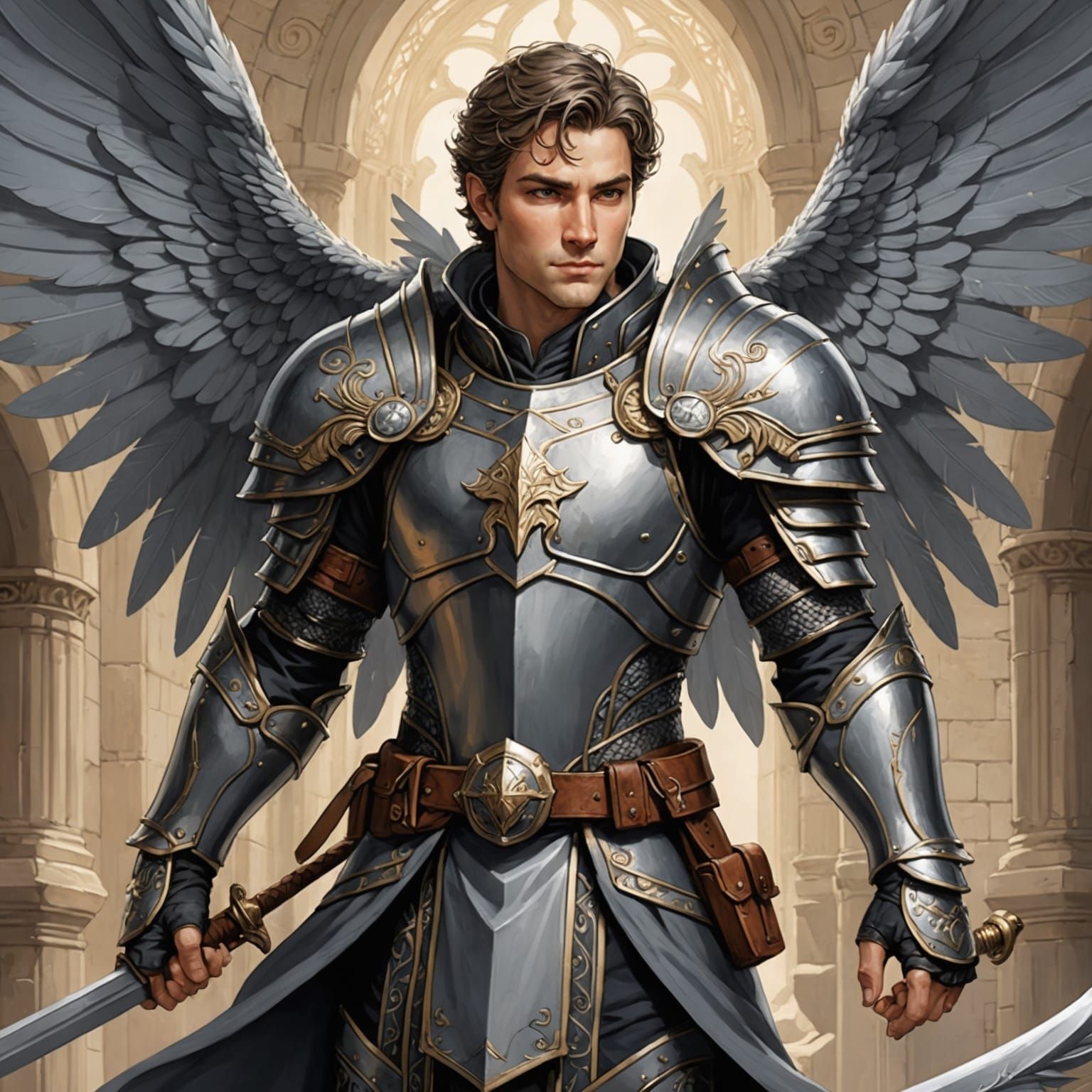 Anime Paladin with Gray Wings in DiTerlizzi Style
