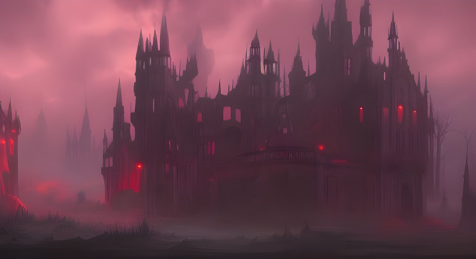 Eerie Castle with Glowing Windows in Graveyard
