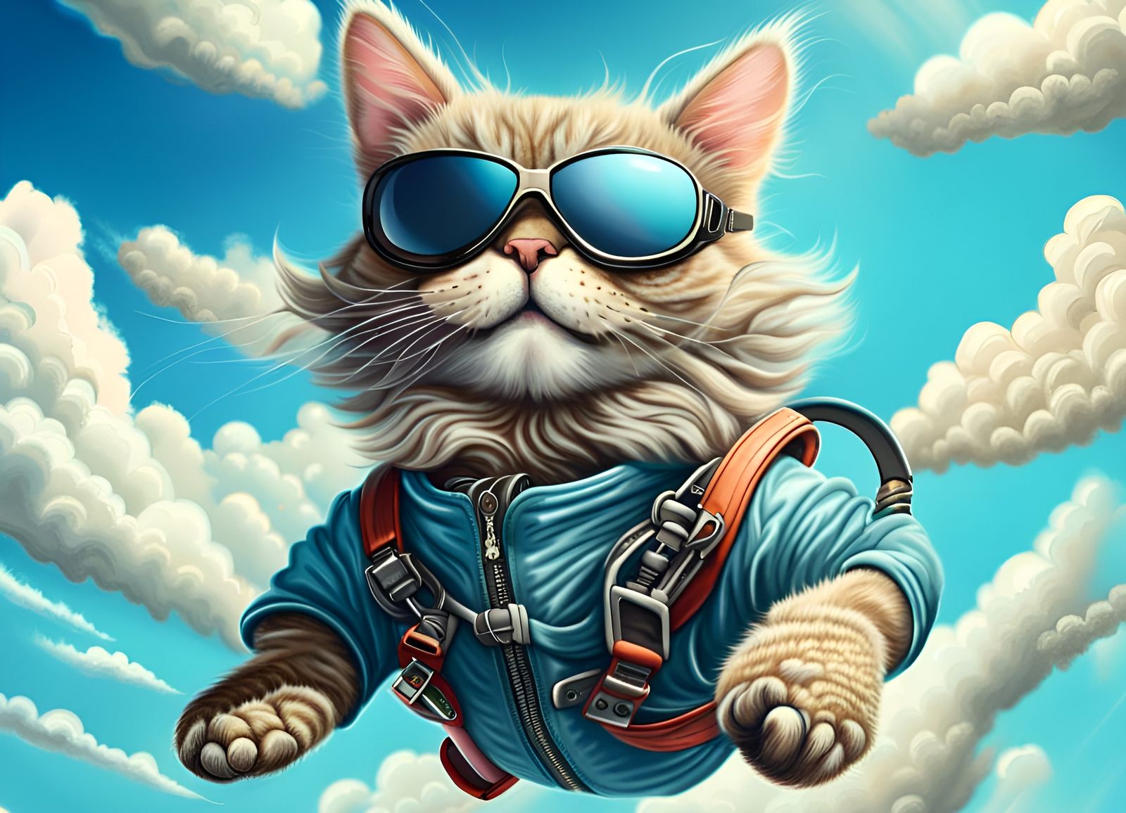 Skydiving Cat in Sunglasses with Blue Sky