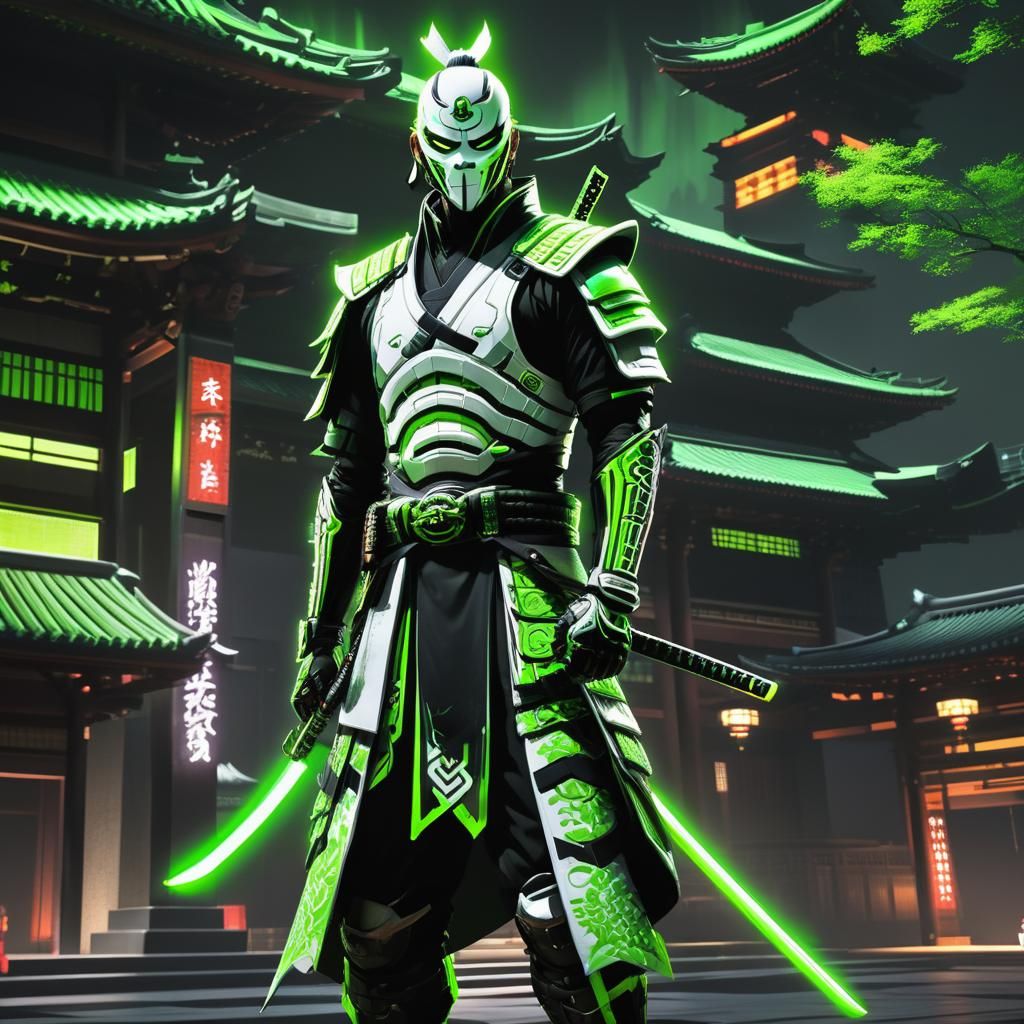 Futuristic Japanese Assassin in Neon-Lit Temple