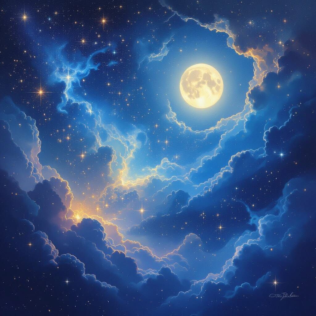 Cosmic Night Sky with Luminous Moon and Nebulae