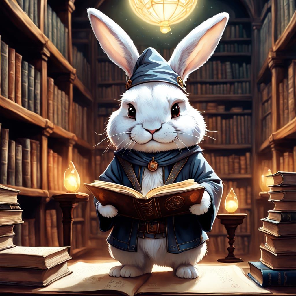 Fantasy Bunny in Mystical Library, Whimsical Watercolor