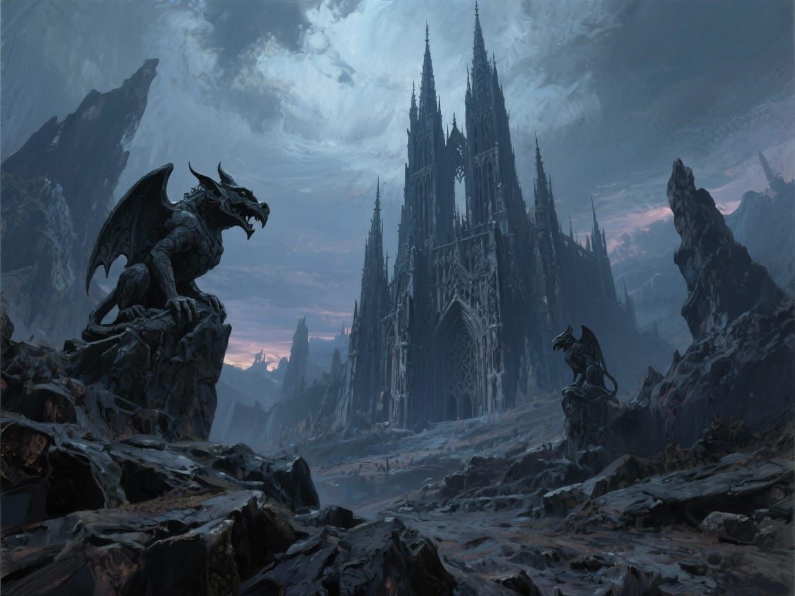 Gothic Cathedral Spires in Twilight Landscape