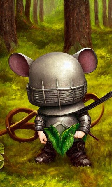 Chibi Mouse Knight in Lush Forest, Oil Painting