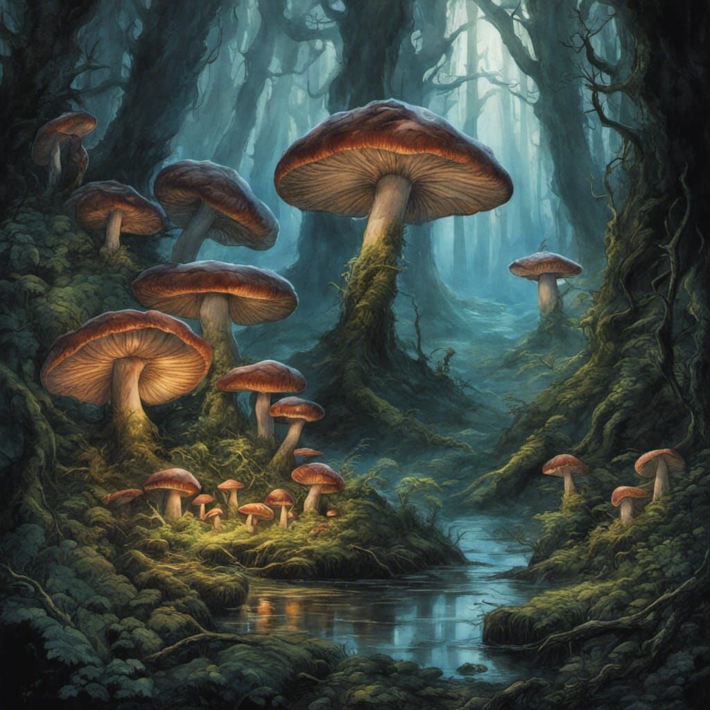 Mushroom Forest in Dark Swamp: Watercolor Fantasy