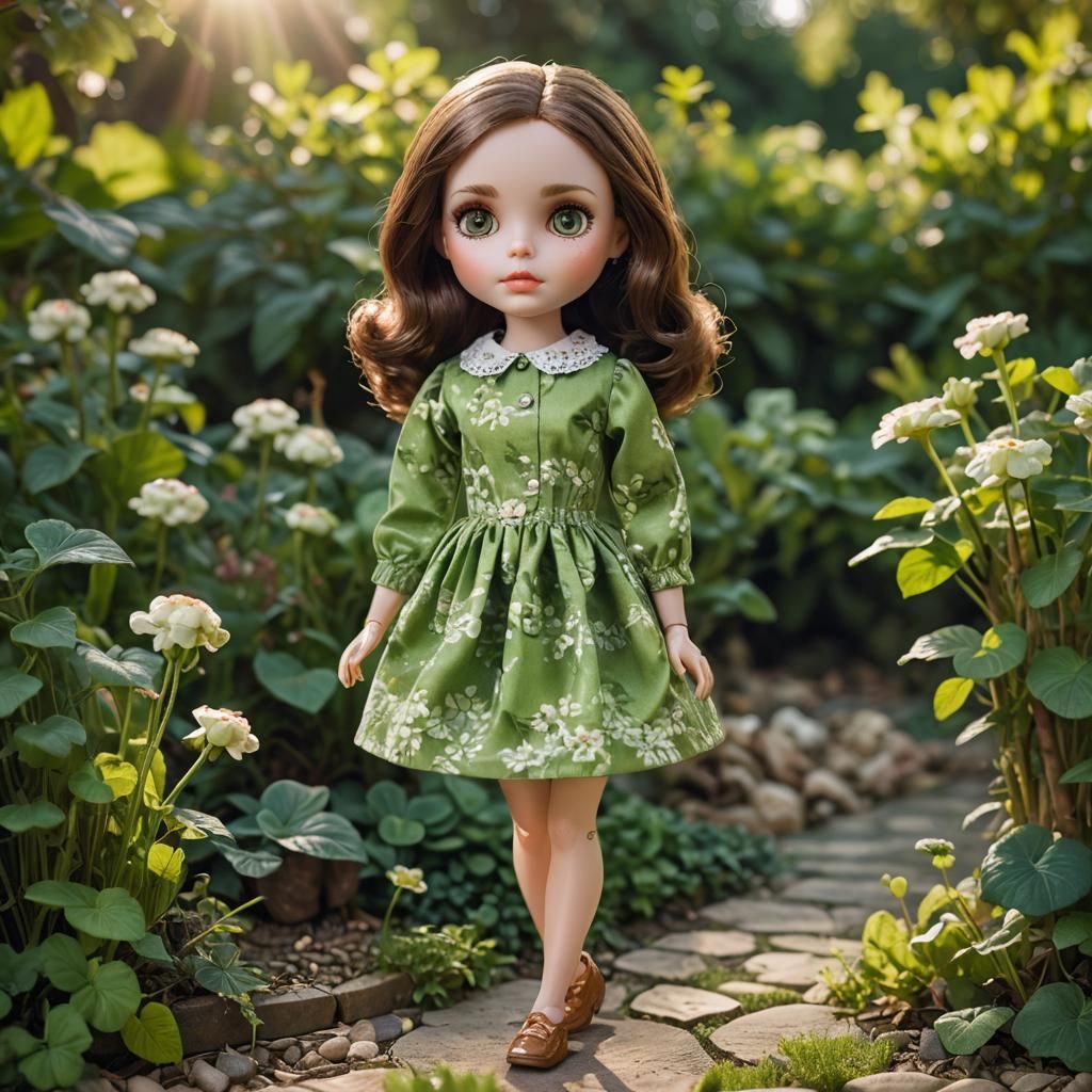 Blythe Doll in Sunlit Garden: Hyper-Realistic Macro Shot