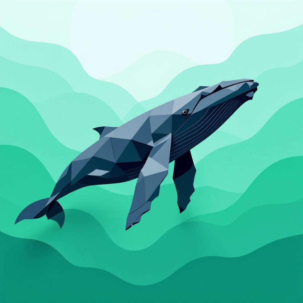 Origami Humpback Whale Surfaces in Green Sea
