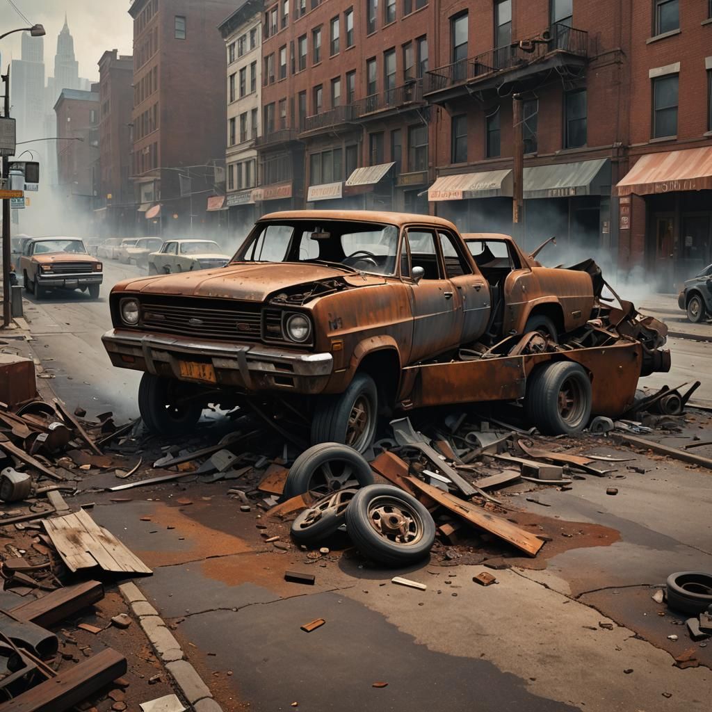 Rusted Car in Smokey City, Dark Fantasy Art