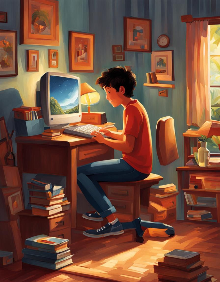 Carlo Acutis in Teenage Room, Storybook Illustration