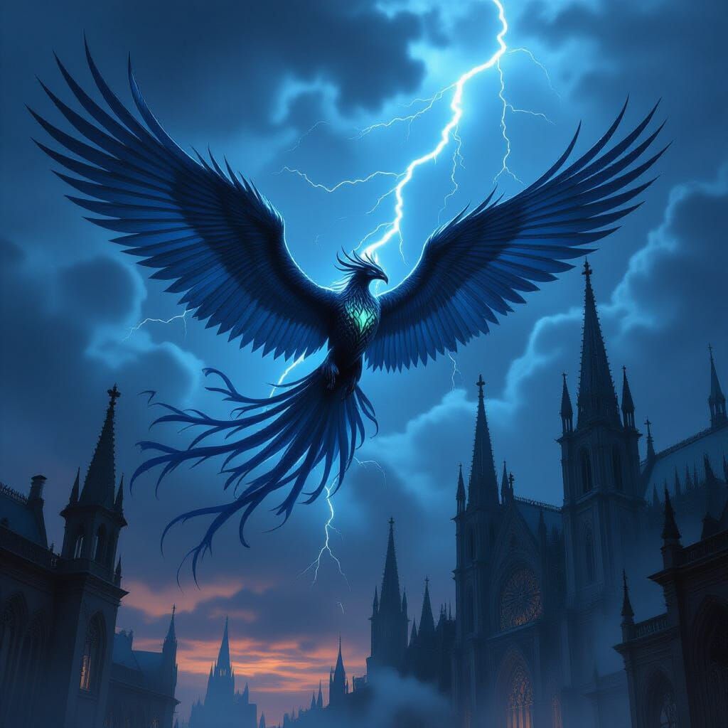 Winged Creature Soars Above Gothic Cathedral in Stormy Twili...