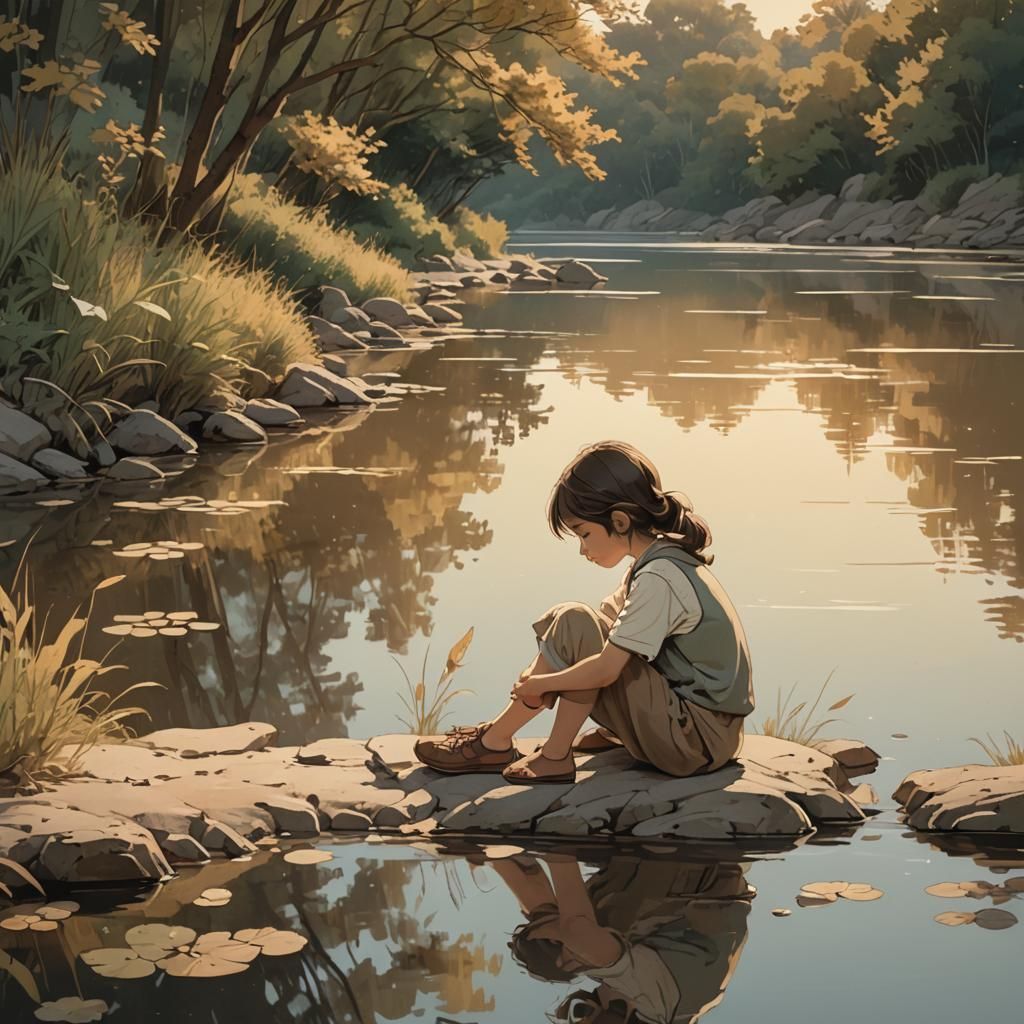 Whimsical Riverbank Reflections in Soft Watercolor Style