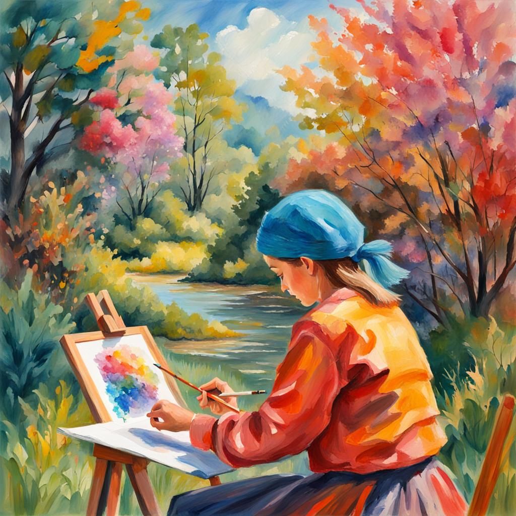 Blind Girl's Impressionist Nature Drawing in Gouache