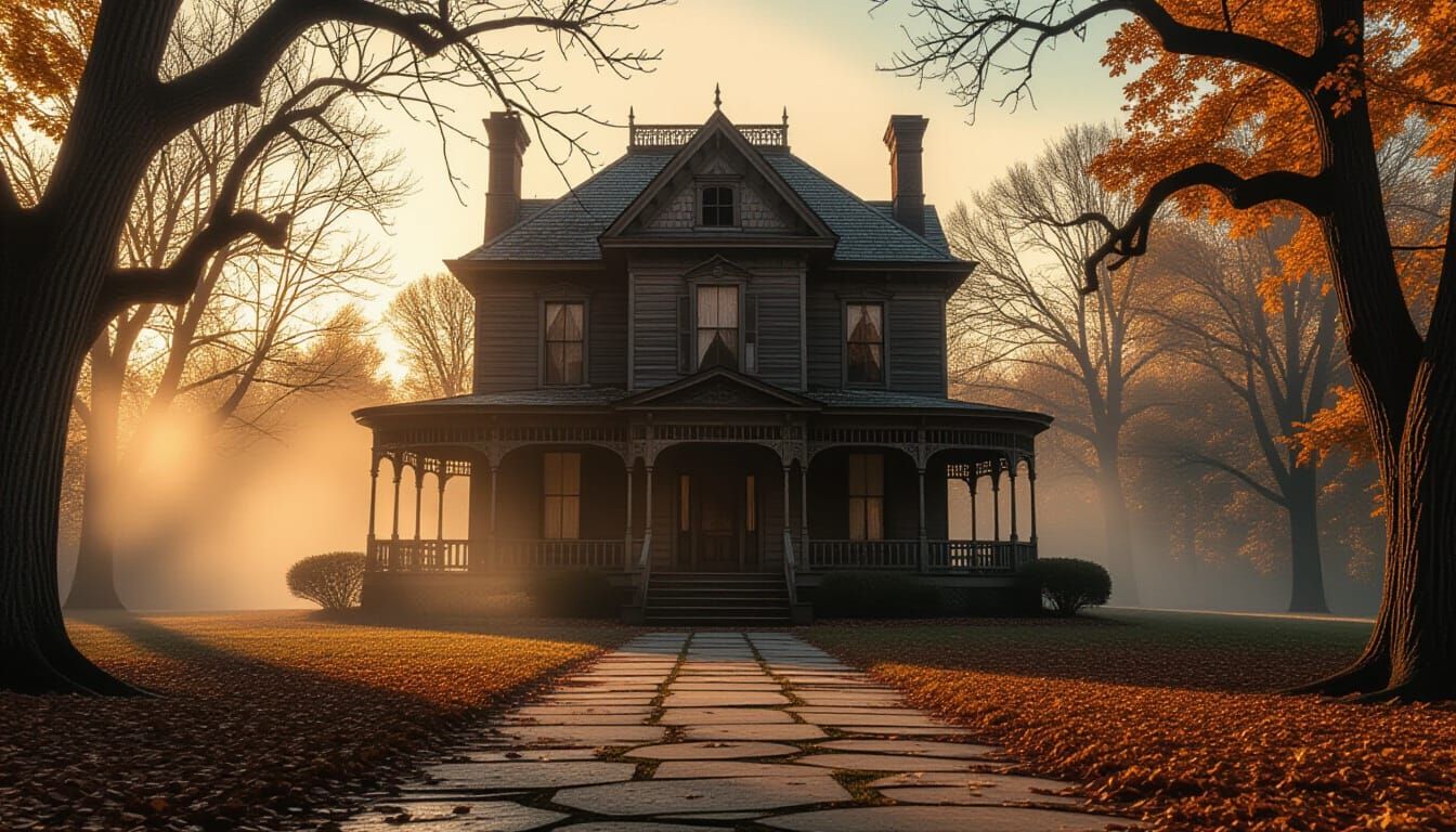 Victorian Gothic Mansion at Golden Hour, Autumn Morning