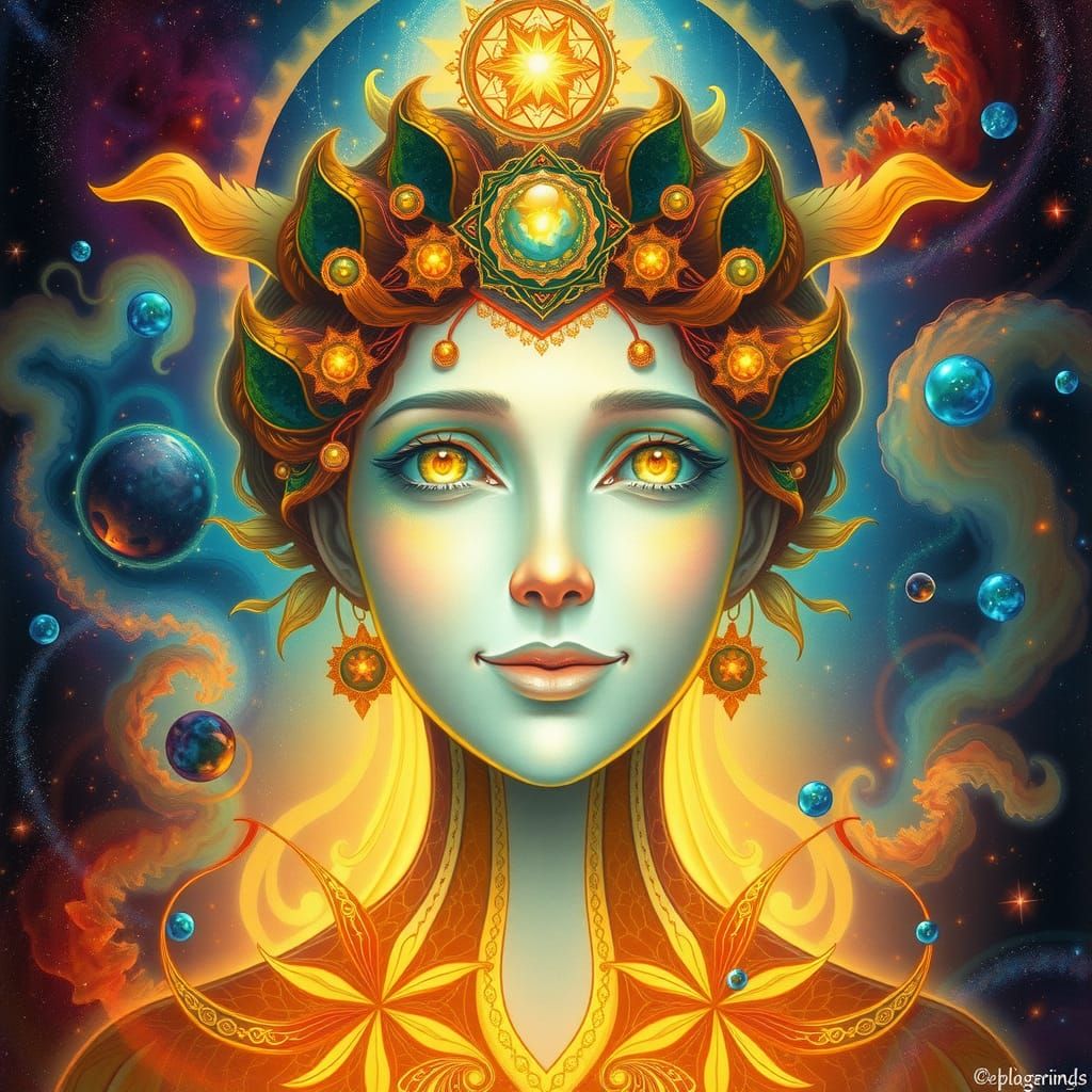 Ethereal Being with Cosmic Aura and Infinite Eyes