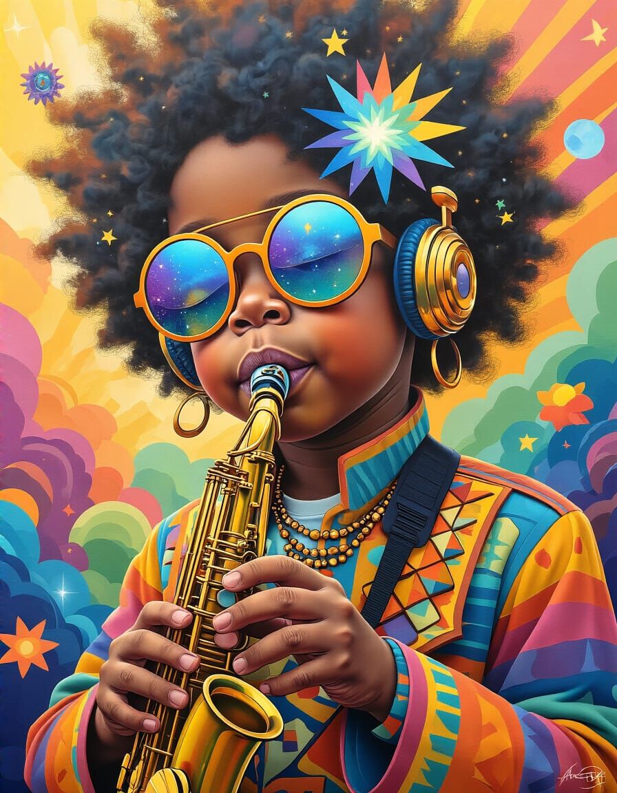 Afrofuturistic Acrylic Painting of Magical Musicians in Surr...