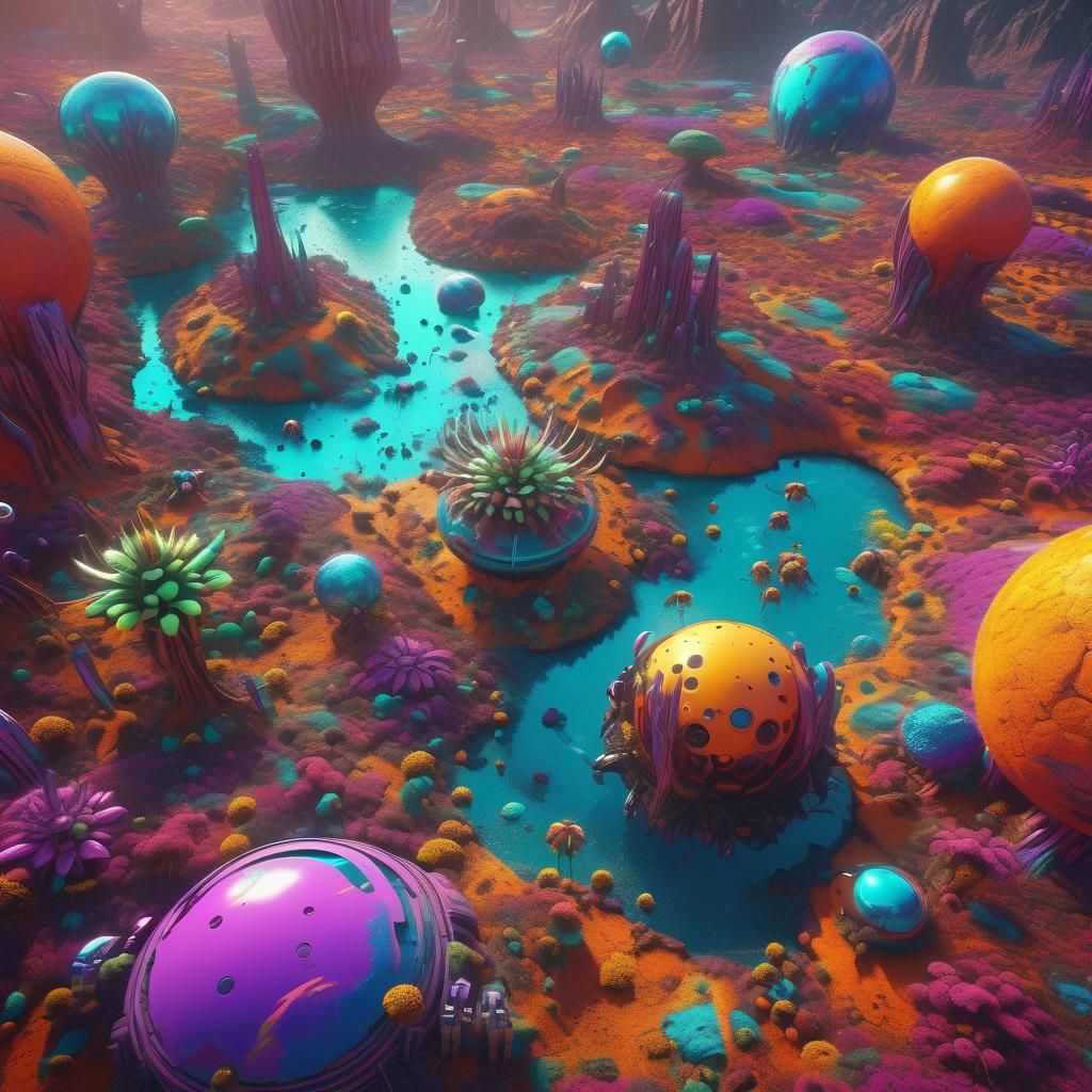 Psychedelic Alien Planet with Robotic Life: Digital Art