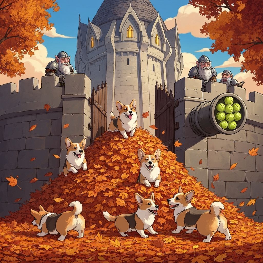 Corgis Play at Mount Erebor Gates in Autumn Leaves