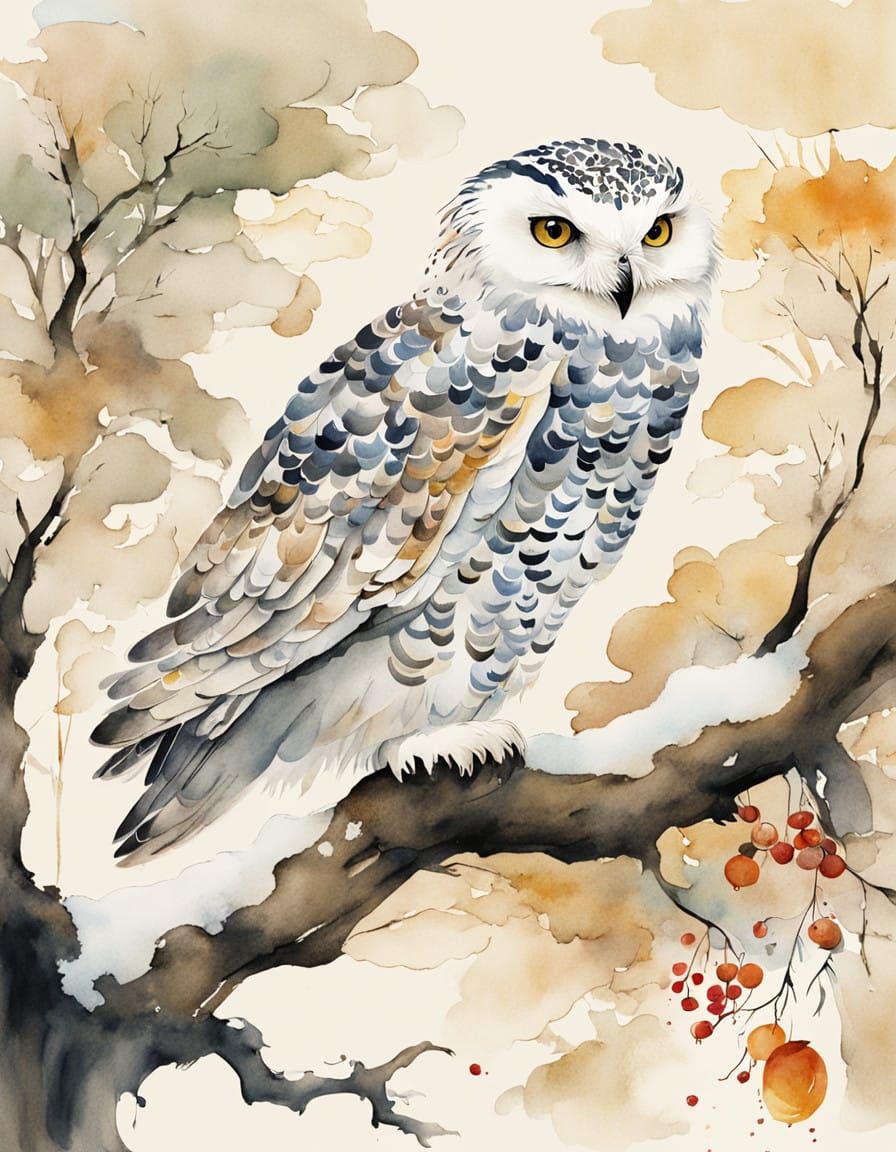 Winter Snowy Owl Perched on Olive Tree Branch in Vibrant Wat...