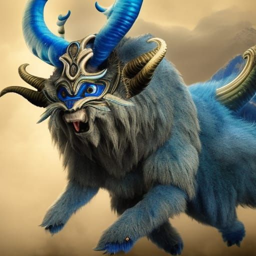Blue Furry Mythical Creature with Ram Horns
