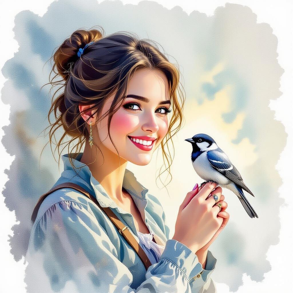 Civil War Ghost Smiling with Sparrow in Watercolor Heaven