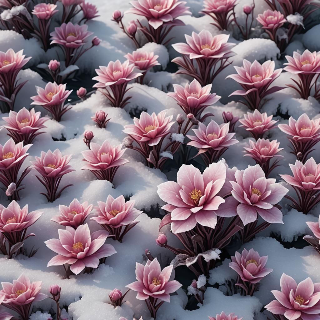 Pink Ice Flowers Growing in Snow