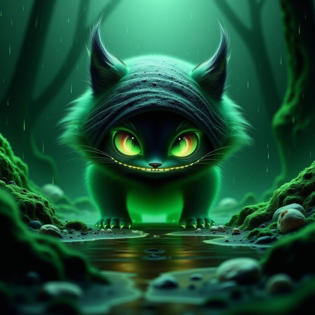 Whimsical Ninja Cat in Dark Rainforest Scene