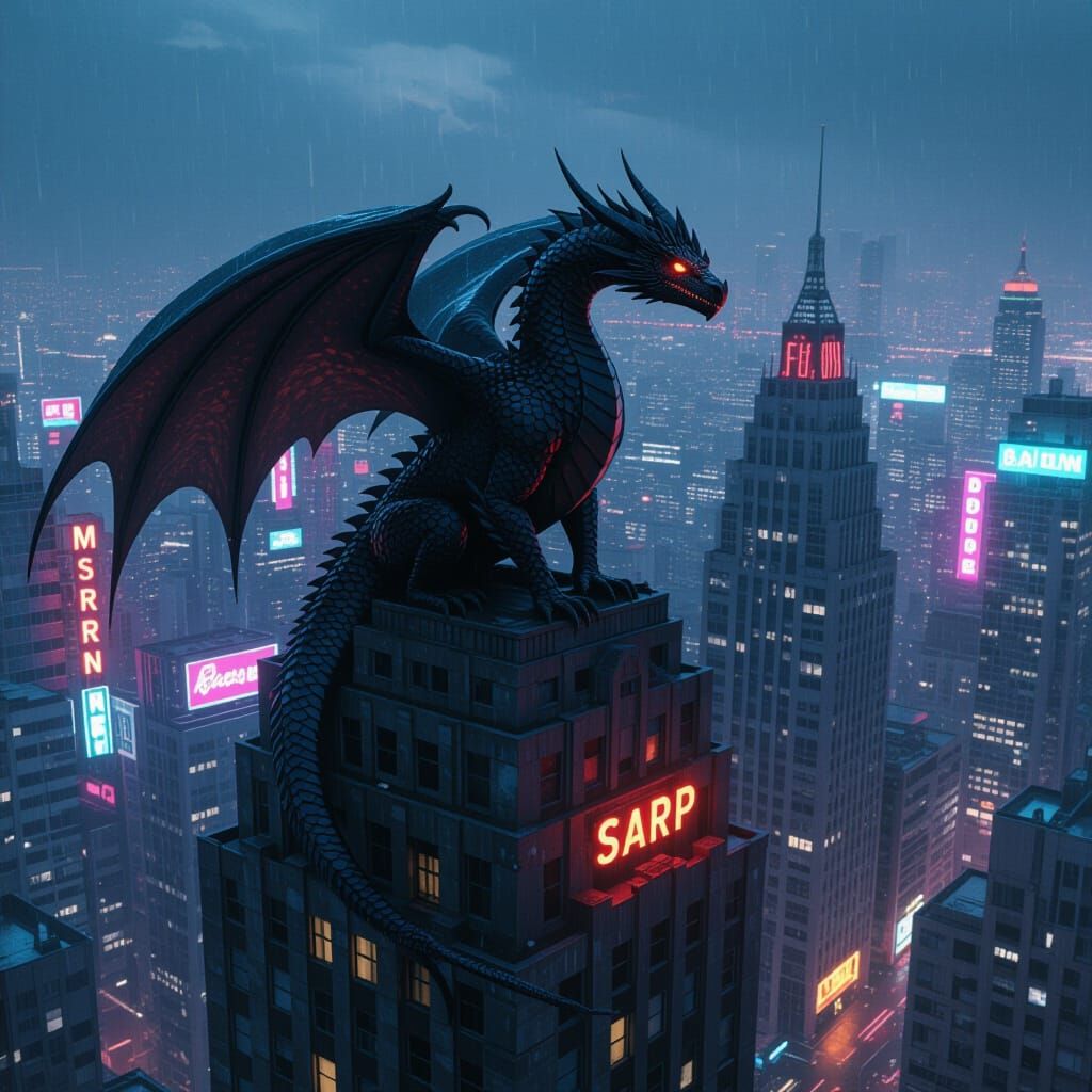 Obsidian Dragon Perched on Art Deco Skyscraper