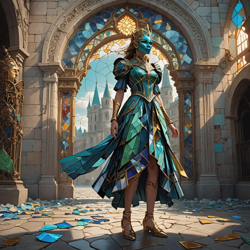 Girl in Stained Glass Dress with Golden Mask
