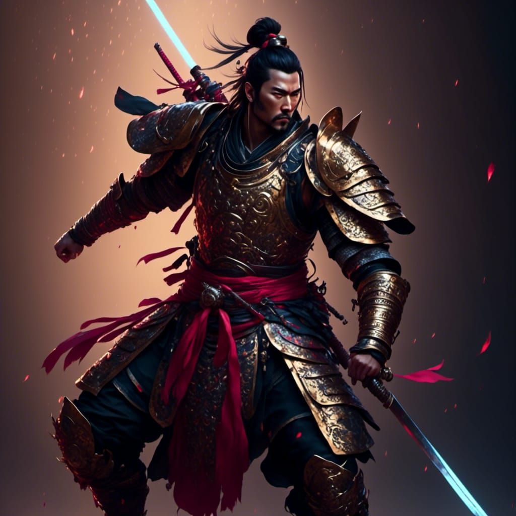 Handsome Samurai in Armor with Sakura Background