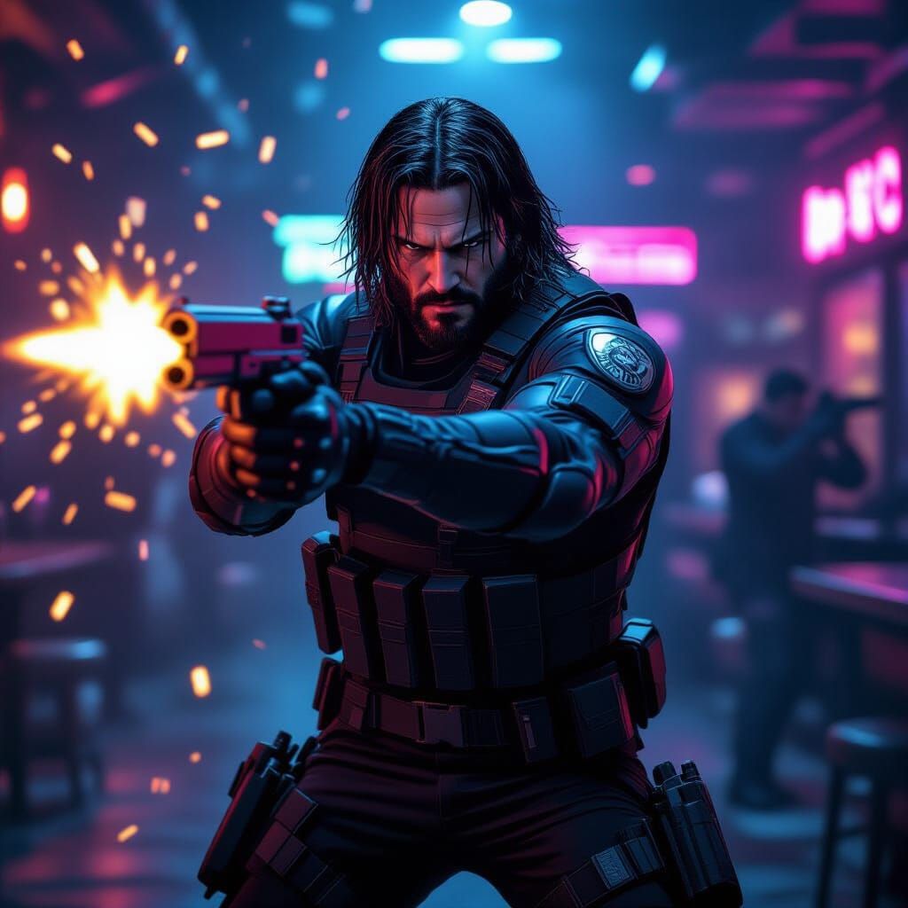 Intense Nightclub Gunfight: Man in Tactical Gear, Digital Ar...