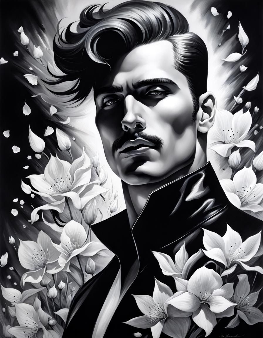 Erotic Charcoal Art: Beautiful Man in Floral Explosion