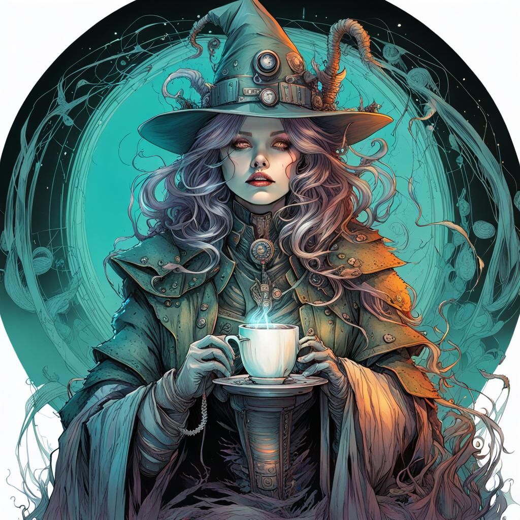 Retro-Futuristic Witch Coffee Break: Grumpy Sci-Fi Art