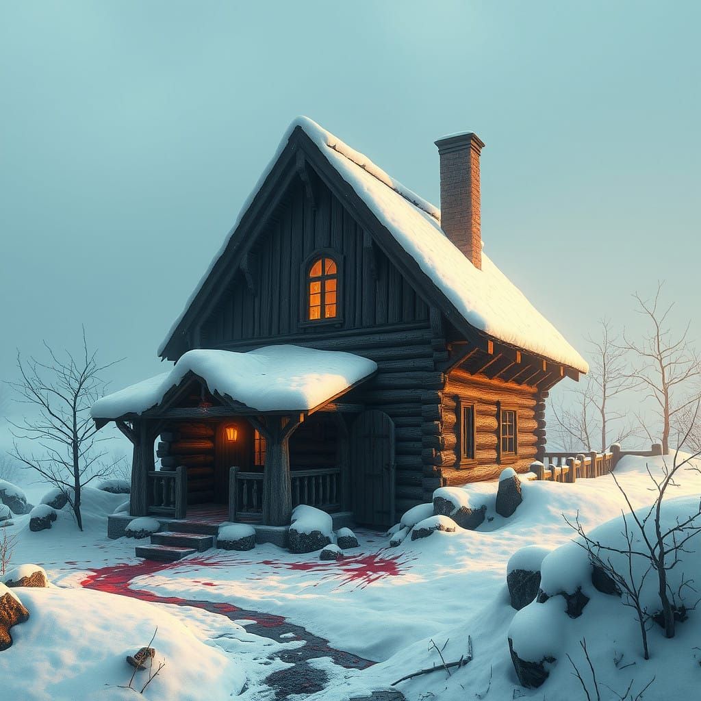 Blood-Splattered Cottage in Snowy, Ethereal Landscape