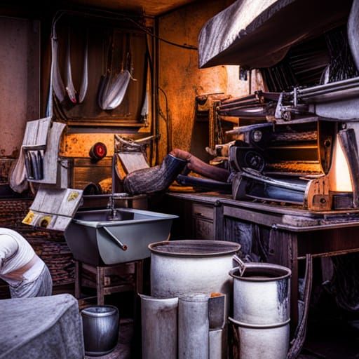 Hyperrealistic Kitchen Chaos: Mill Grinds Color