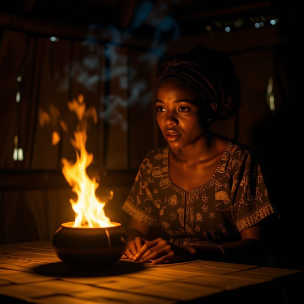 African Woman in Hut with Glowing Calabash and Spirit Shadow...