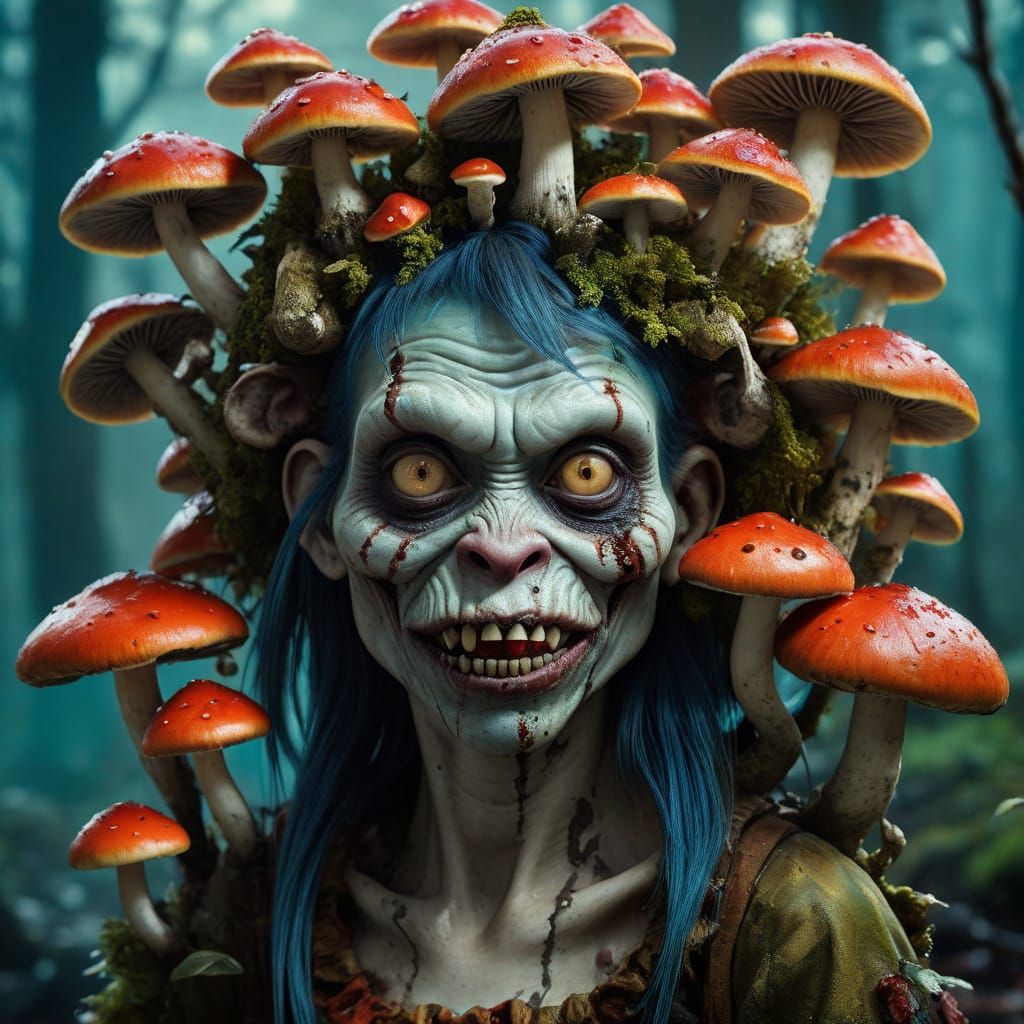 Zombie Monkey Clown with Mushroom Head in Oil Painting Style