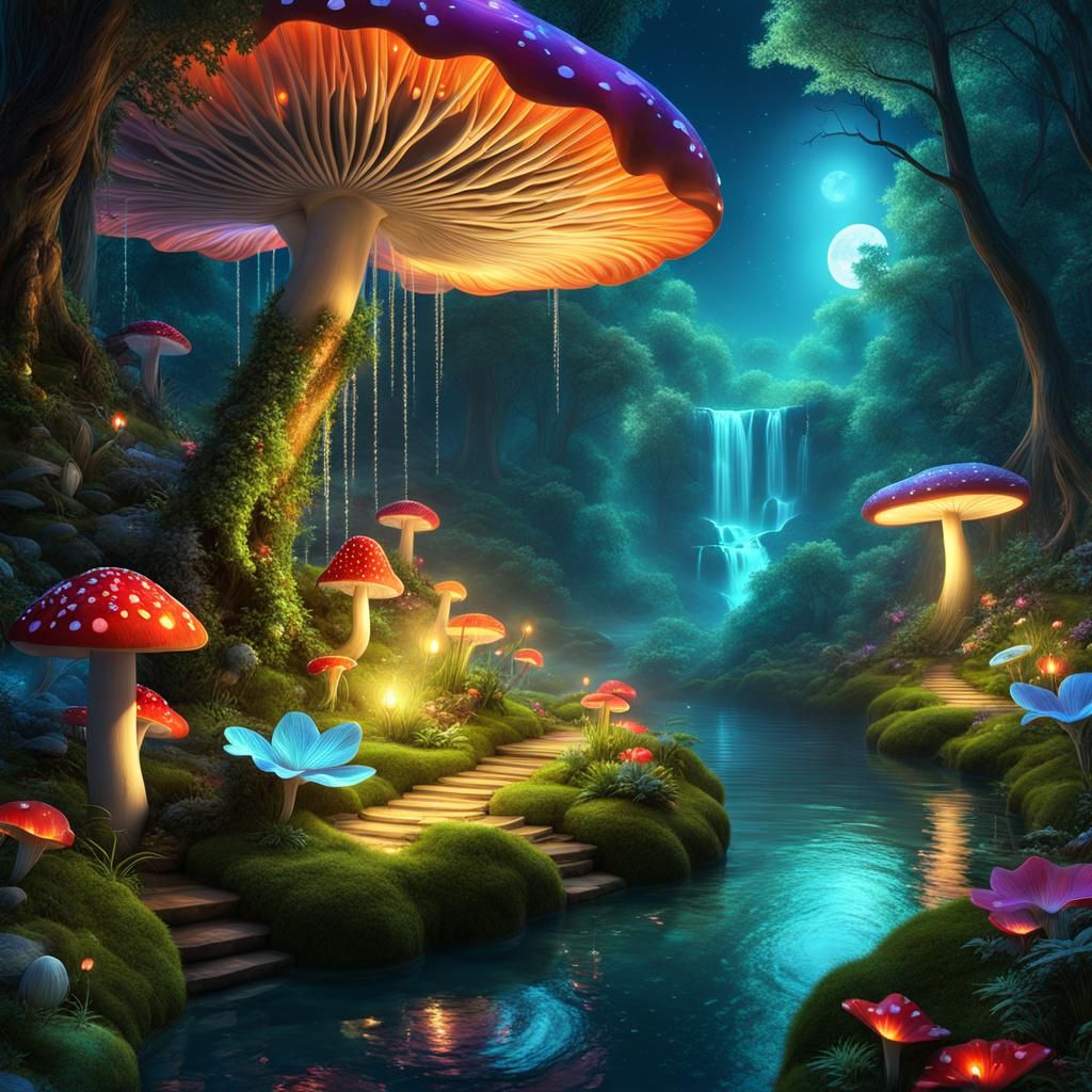 Glowing Mushroom Waterfalls in Fairy Forest