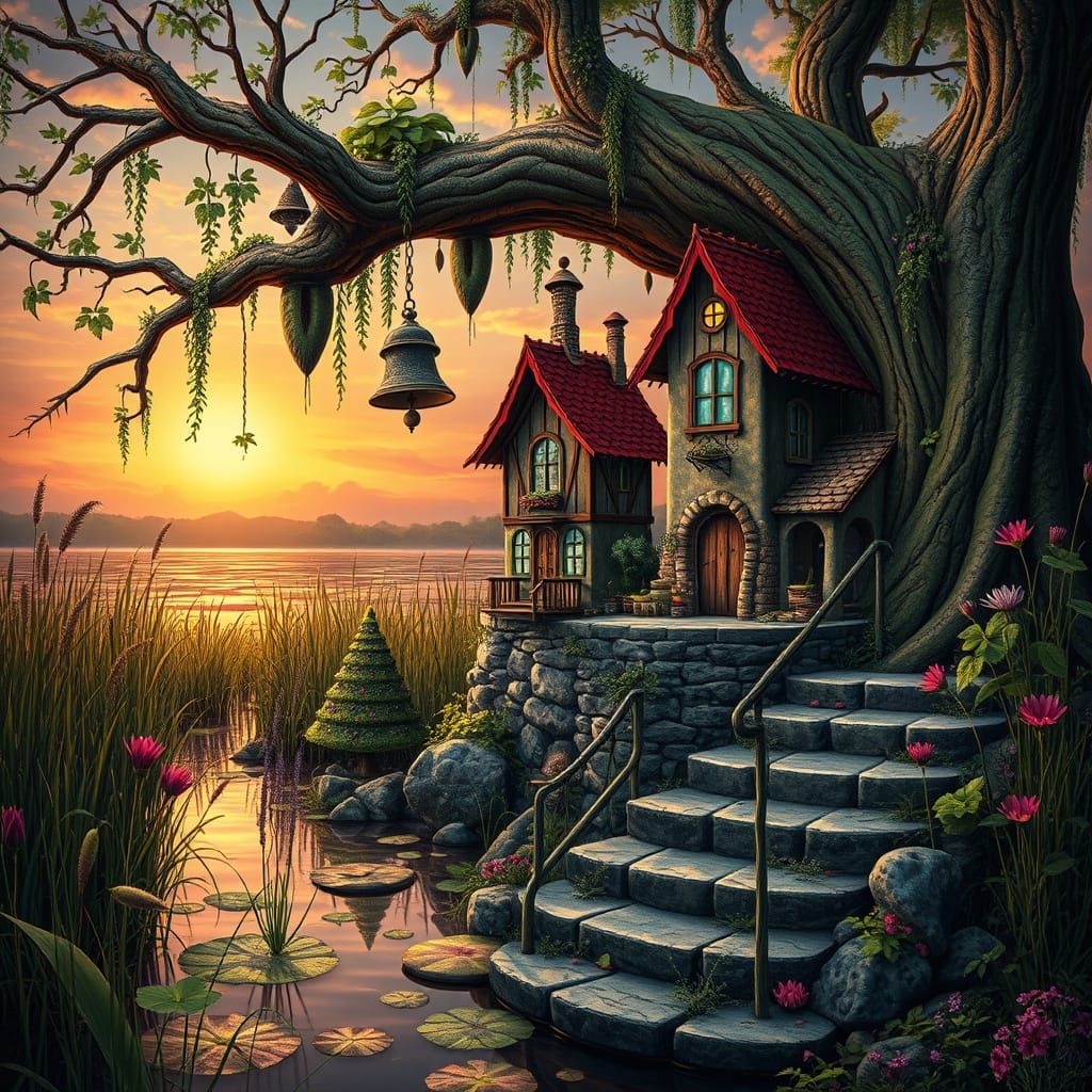 Intricately textured vibrant highly imaginative surreal digital acryl and ink illustration, Alexander Jansson, Catrin We...