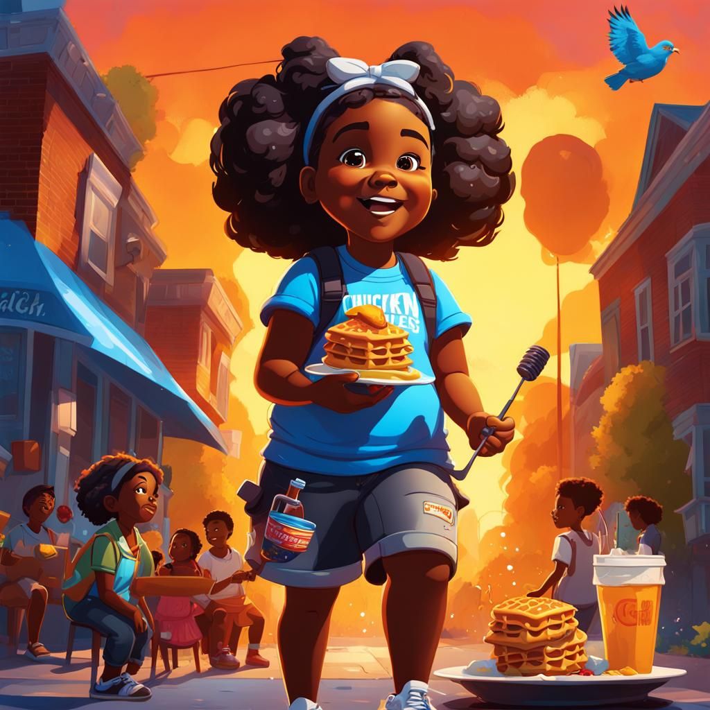 Girl Enjoys Chicken and Waffles: 3D Digital Art
