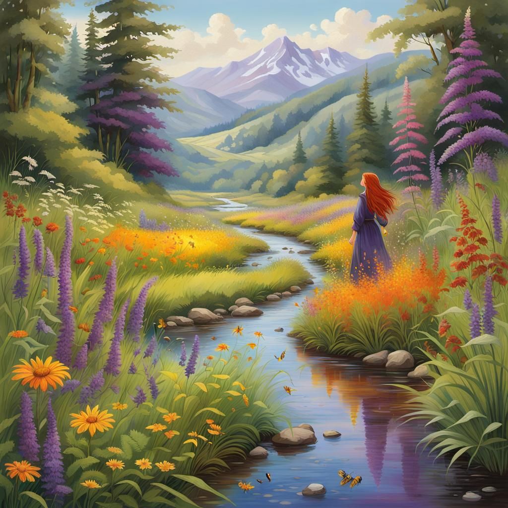 Lush Meadow Panorama with Wildflowers and Red-Haired Woman