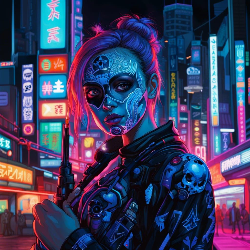 Girl with Skull Facepaint in Cyberpunk City